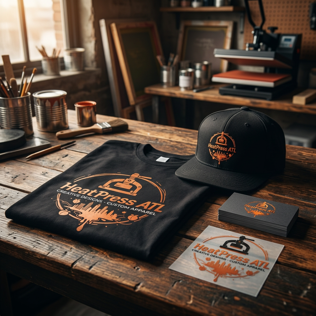 HeatPress ATL branded t-shirt, hat and business cards on a workshop bench