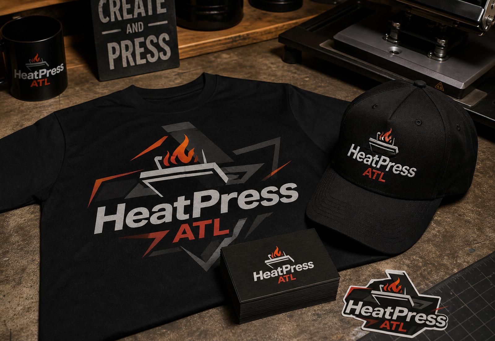 HeatPress ATL branded t-shirt, hat, business cards and vinyl decal on a workshop bench